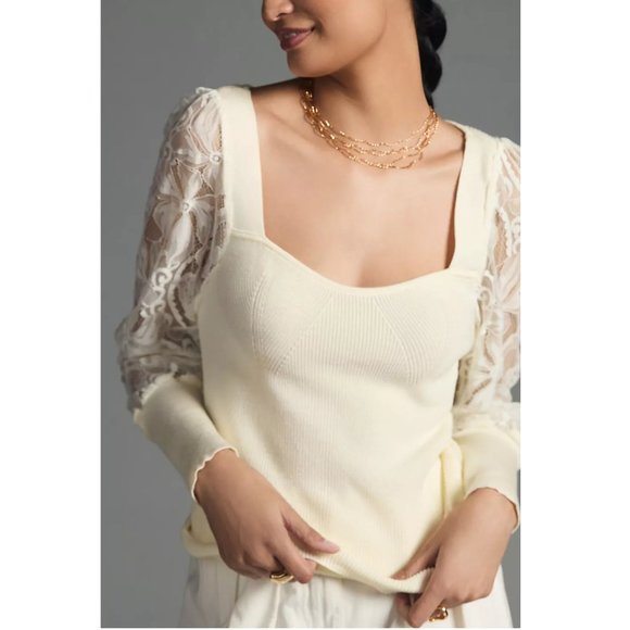 By Anthropologie Lace-Sleeve Sweater Blouse Ivory Cream White - Large - Picture 3 of 10